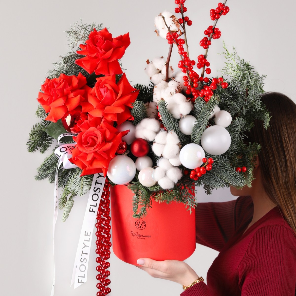 Коробка зимняя с французской розой и хлопком